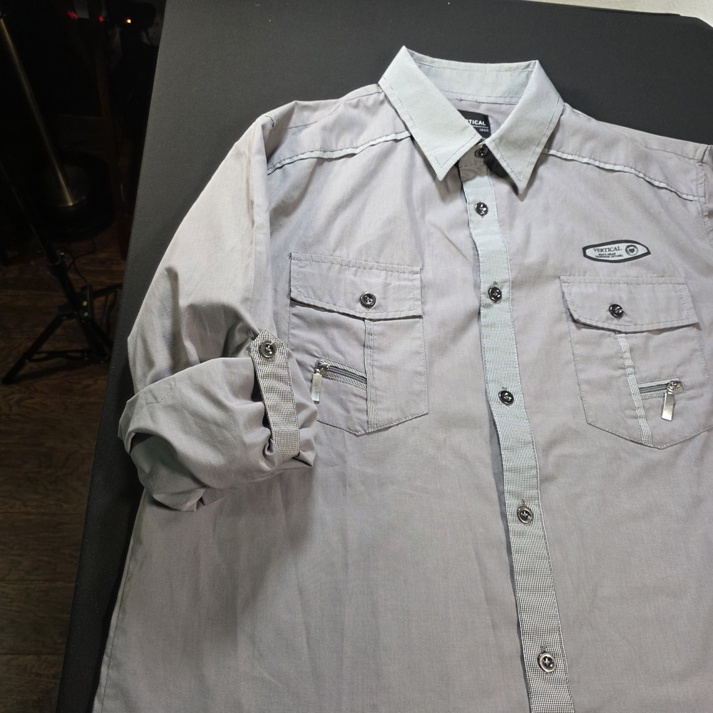 Men's Gray Tactical Shirt,Vertical Sport Size XL Button Long Roll Up‎ Sleeves